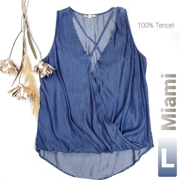 miami Tops - MIAMI Blue 100% Tencel Rouged Wrap Top Sz L